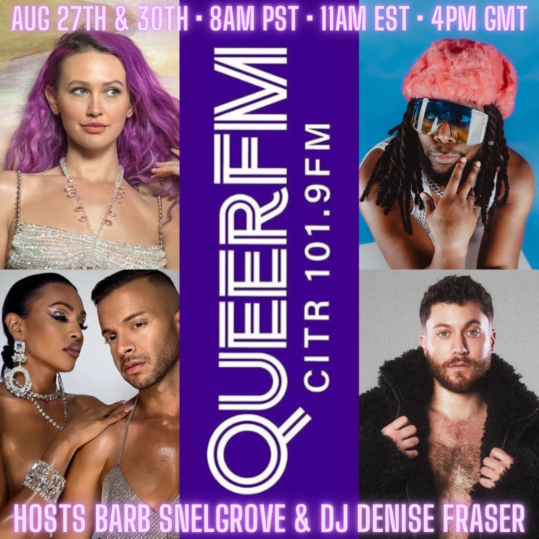 QueerFMVan's tweet photo. TOMORROW on @QueerFMVan Hosts @DJDenise0477 @megamouthmedia welcome guests- musicians @iamclayofficial and @officialexxicon plus #2slgbtqia tunes and talk Aug 27th at 8am PST • 11am EST • 4pm GMT on @CiTRradio 
https://t.co/oS2PKV1daA https://t.co/d2OtzPt06Y