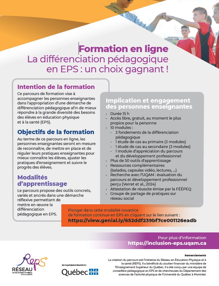 Réseau en éducation physique et à la santé (@reseaueps) on Twitter photo Ça y est! on lance notre parcours de développement professionnel portant sur la compétence Tenir compte de l'hétérogénéité des élèves.
10 modules, plus de 50 ressources complémentaires,
une série de balados, etc. Trouvez ici:
reseau-eps.ca/ressources/cha…
<a href="/BDrainvilleQc/">Bernard Drainville</a> <a href="/PascaleDery/">Pascale Déry</a> Ça y est! on lance notre parcours de développement professionnel portant sur la compétence Tenir compte de l'hétérogénéité des élèves.
10 modules, plus de 50 ressources complémentaires,
une série de balados, etc. Trouvez ici:
reseau-eps.ca/ressources/cha…
<a href="/BDrainvilleQc/">Bernard Drainville</a> <a href="/PascaleDery/">Pascale Déry</a>