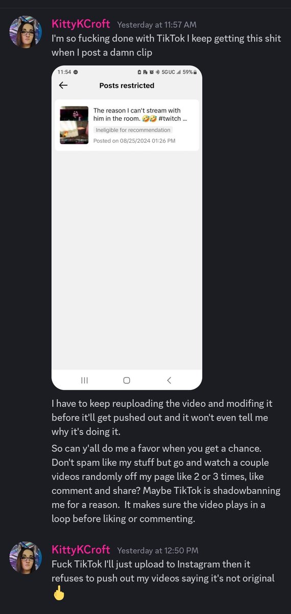 kittykcroft's tweet photo. Idk why TikTok does this to me, I only post the same crap 100s of others post how is my shit flagged https://t.co/Rf5ZZzpGq1