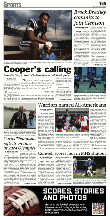 Andrew Simonson (@andrewtsimonson) on Twitter photo Make sure you pick up this week's edition of the <a href="/shelbycreporter/">Shelby Co. Reporter</a>, including our feature on Romello Cooper, Brock Bradley's commitment to Clemson, Thompson's three All-Americans, our catch-up with Spain Park Olympian Curtis Thompson and our recap of Montevallo's win over Tarrant. Make sure you pick up this week's edition of the <a href="/shelbycreporter/">Shelby Co. Reporter</a>, including our feature on Romello Cooper, Brock Bradley's commitment to Clemson, Thompson's three All-Americans, our catch-up with Spain Park Olympian Curtis Thompson and our recap of Montevallo's win over Tarrant.