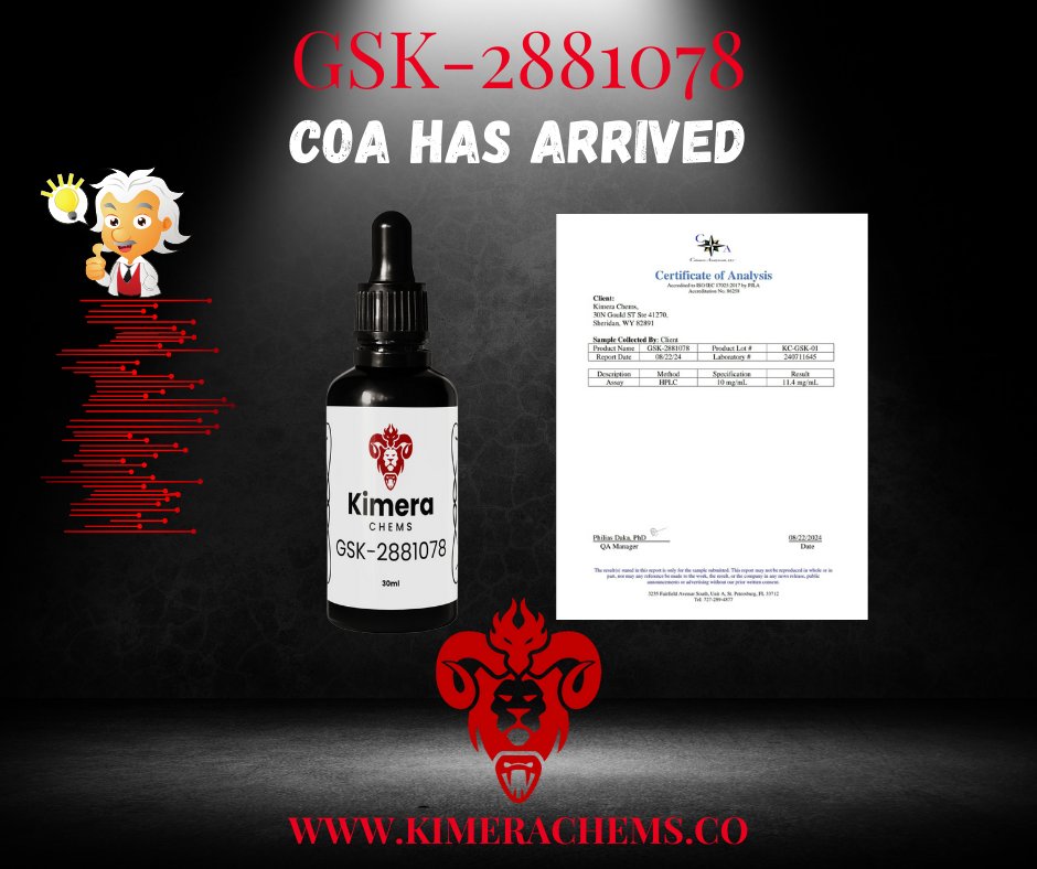 KimeraChems's tweet photo. 🚨 Exciting News! 🚨 The COA (Certificate of Analysis) for GSK-2881078 is here and ready for review! 📋🔬
At Kimera Chems, we’re committed to providing only the highest quality products.
#KimeraChems #GSK2881078 #COA #QualityFirst #ResearchGrade #Transparency https://t.co/bqmH6MpWnQ