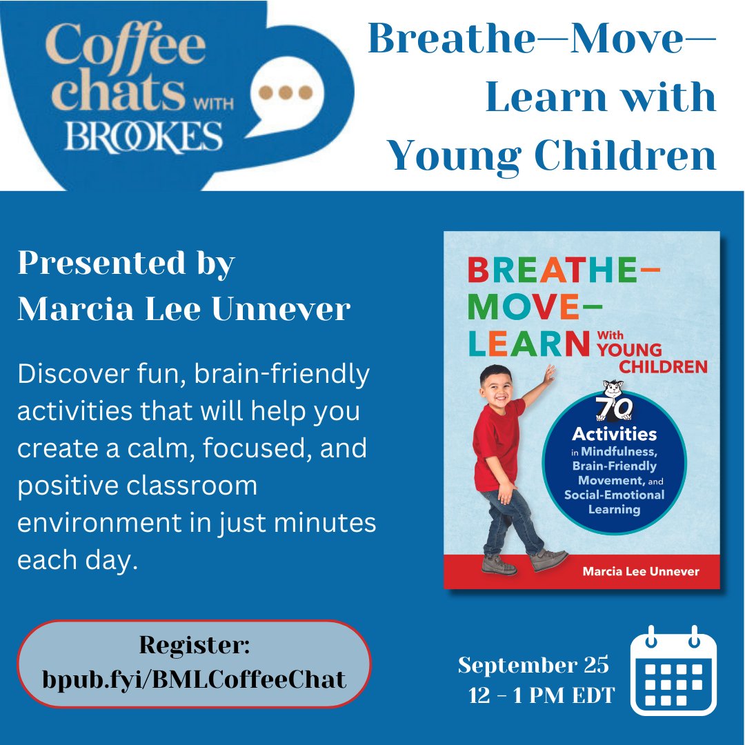 BrookesPubCo's tweet image. Coffee chats are back! We’re kicking off a new series of short, expert-led webinars on Sept. 25th at 12 pm ET, with a presentation by Marcia Lee Unnever on the developmental power of brain-friendly movement. Register here: ecs.page.link/vvQsp #MovementBasedLearning #SEL #PreK