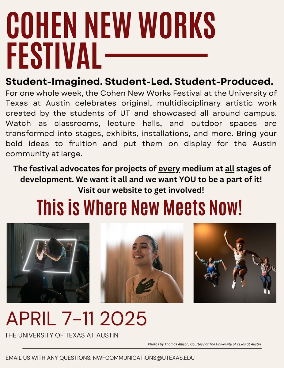 Welcome to the Cohen New Works Festival 2025 at The University of Texas at Austin! 
Our Selection Committee Applications and GO! Grant Applications are now live on our website and Linktree in bio. Stay tuned for more updates coming up on how to get involved!