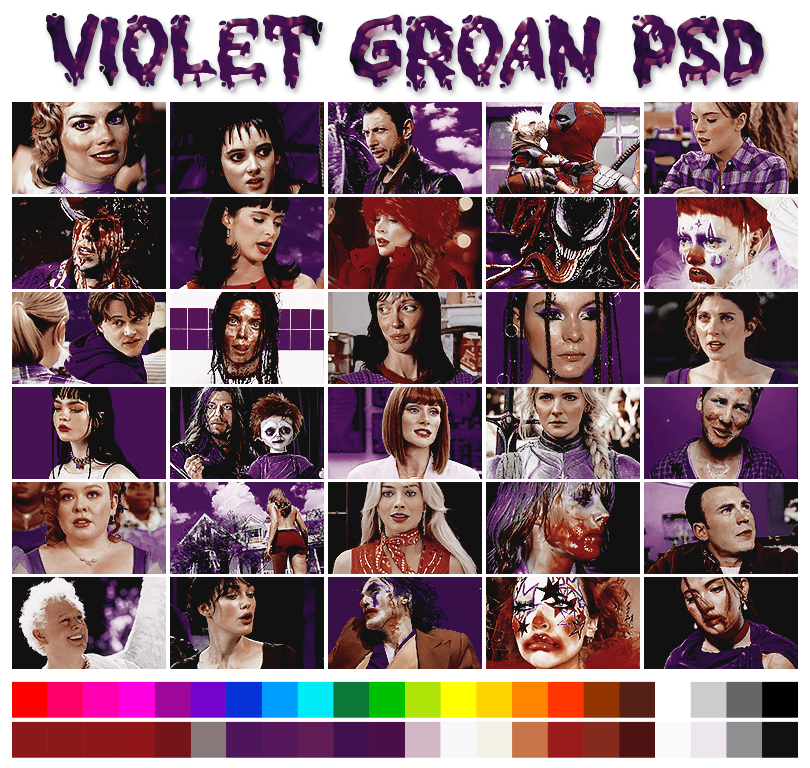 VIOLET GROAN   ➠   a coloring psd by #pinkinnards  💜  with shades of dark purples,  NOT POC FRIENDLY.  available on  GUMROAD  (pinkinnards.gumroad.com/l/violetgroan)  &amp;  DEVIANTART  (deviantart.com/pinkinnards/ar…)