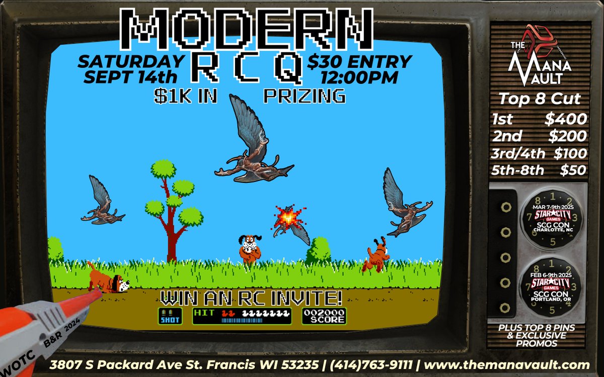 TheManaVaultMKE's tweet photo. Nadu's reign of terror is over and we are ready to play Modern at The Mana Vault!

Join us Saturday, Sep. 14 for a Modern RCQ with $1,000 in prizing and a Regional Championship invite on the line!!

Full event info⤵️ https://t.co/xBQPeXSRCO