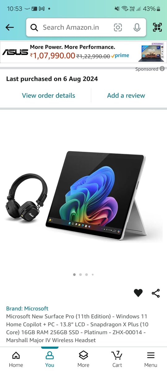 AnkitBhuta's tweet photo. @amazonIN just got conned by Amazon, ordered a ₹113999 Microsoft Surface Pro 11 laptop along with Marshall Major 4 headphones which were part of a deal for ordering on the day of launch. Got the laptop, didn’t get the headphones. As per CC blatant lie, everything was delivered. https://t.co/kgnFESrRoU
