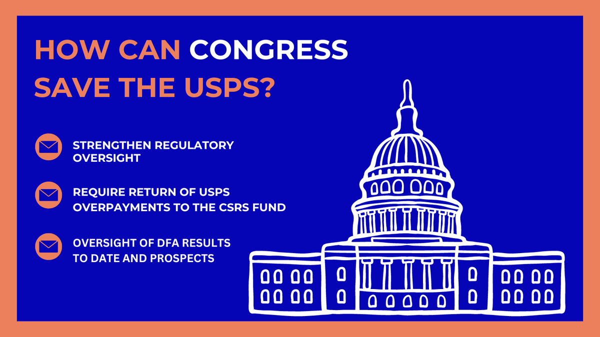 C21Postal's tweet photo. How can Congress save our Postal System?

• Consider strengthening regulatory oversight
• Require the return of USPS overpayments to the CSRS Fund
• Continue with in-depth oversight of DFA results to date and prospects https://t.co/iKi50b8fW1