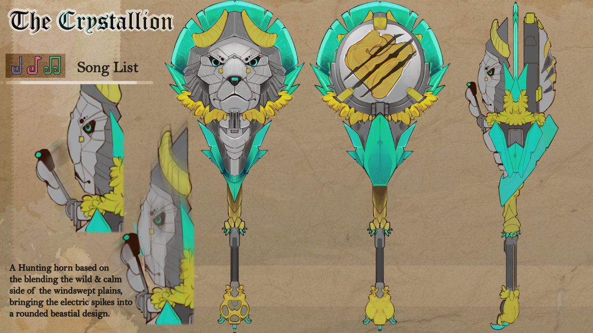 ArthurCandeland's tweet photo. A #MonsterHunterWilds #MonsterHunter fan weapon for the Hunting horn, Exploring themes throughout the windswept plains, using the crystals to channel electricity. employing a gong design (because bias still exists and I like Gong hunting horns).
#Huntinghorn @monsterhunter https://t.co/My0hrtBHac