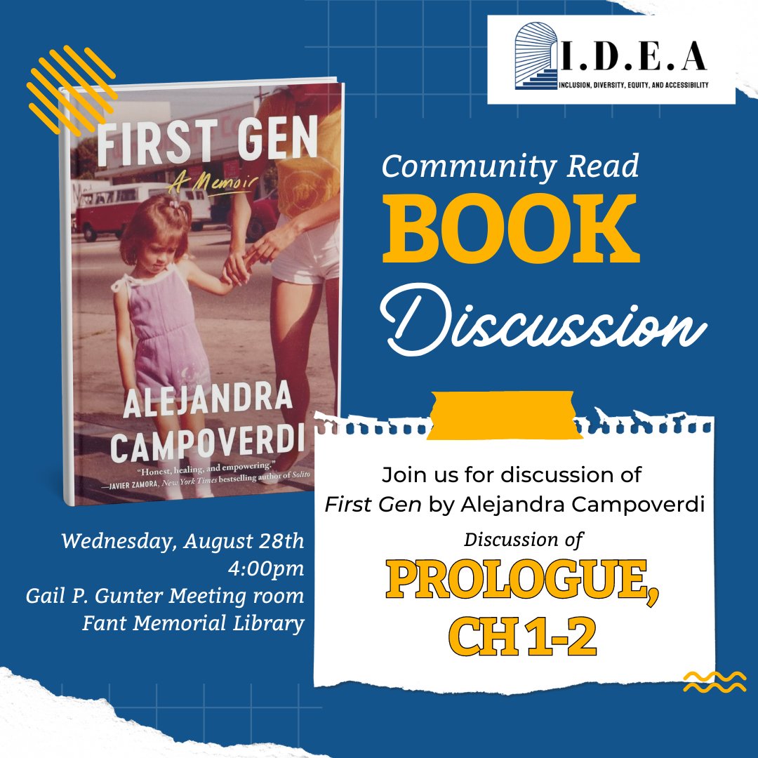 MUWLibrary's tweet photo. Join us this Wednesday, August 28th at 4pm in the GPG room for our first Community Read Discussion of the semester! We will be discussing the prologue and first two chapters of First Gen by Alejandra Campoverdi. https://t.co/RZtNZOtqLx