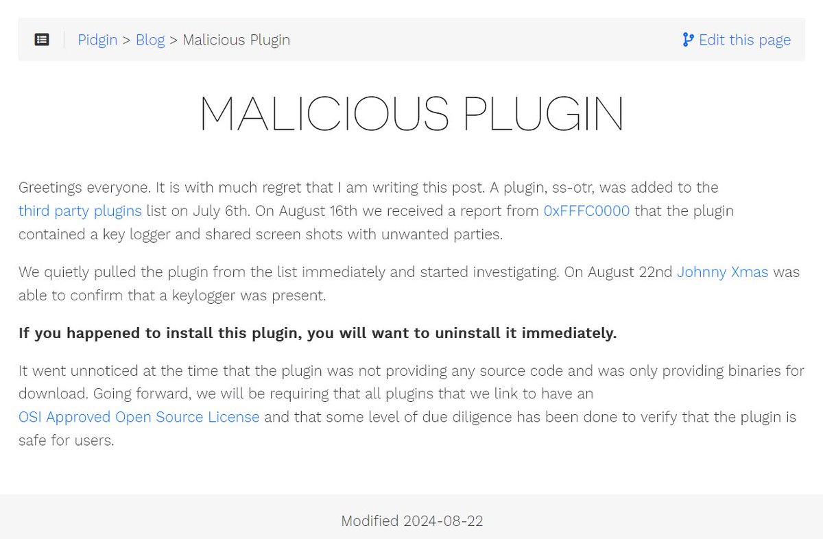 A few days ago, Pidgin Instant Messenger <a href="/impidgin/">Pidgin Instant Messenger</a> published a notification about a malicious plugin (ScreenShareOTR) found in a third-party plugin list. #ESETResearch investigated these plugins and confirmed that they indeed contain malicious code, which downloads and executes