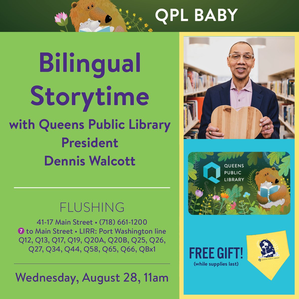 QPLNYC's tweet photo. Join us at Flushing Library on Wednesday, August 28 at 11AM for a special, fun Bilingual Storytime celebration of the #QPLBaby program, with QPL President Dennis Walcott and our special guests! 
https://t.co/1jCiYqP0lS https://t.co/CagHUXiQ6b