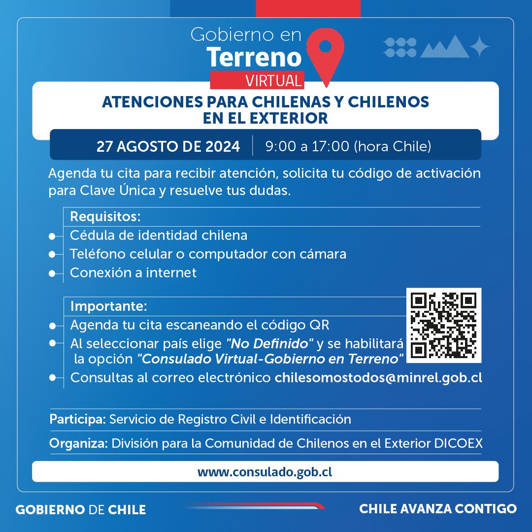 ¿Sabías que en 🇨🇱 la Clave única es tu identidad digital para realizar trámites en línea?
Si no la tienes, conéctate al próximo Gobierno en Terreno Virtual, donde podrás tramitar el código de activación con <a href="/RegCivil_Chile/">Registro Civil e Identificación - Chile</a>

Más información aquí bit.ly/4dOFz2n