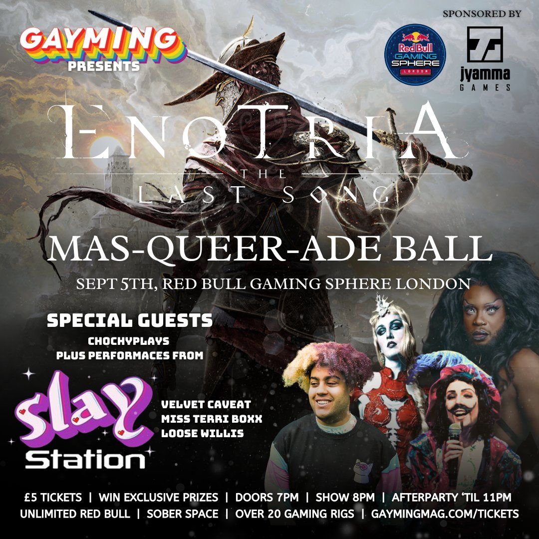 🎭🌈 Grab tickets for the Mas-queer-ade Ball sponsored by Jyamma Games: buff.ly/4dAM4WJ

A 90-minute interactive show with <a href="/ChochyPlays/">Choc</a>, plus interviews, prizes to be won, gaming rigs, free drinks and special guests from SlayStation - <a href="/velvetcaveat/">Velvet</a> <a href="/missterriboxx/">Miss Terri boxx</a>