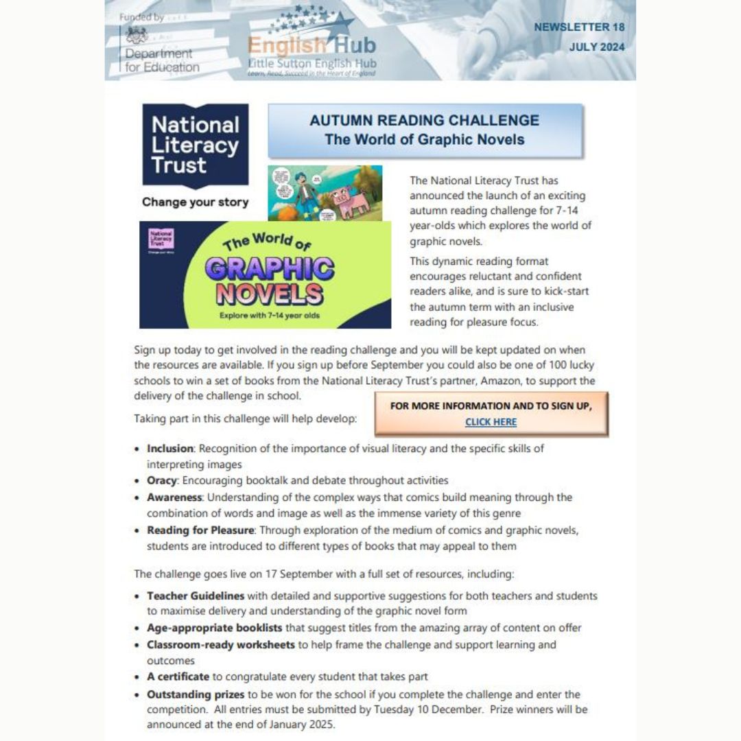 covwarkstshub's tweet image. 📚️ Autumn Reading Challenge 📚️ 
Find out more from the Little Sutton English Hub! ⁠
lsenglishhub.org.uk⁠
@lsenglishhub⁠
⁠
#EnglishHub #Literacy #LittleSutton #Teachers #PrimaryTeachers  #Education #Schools #Reading #YoungReaders #NationalLiteracyTrust #GraphicNovels