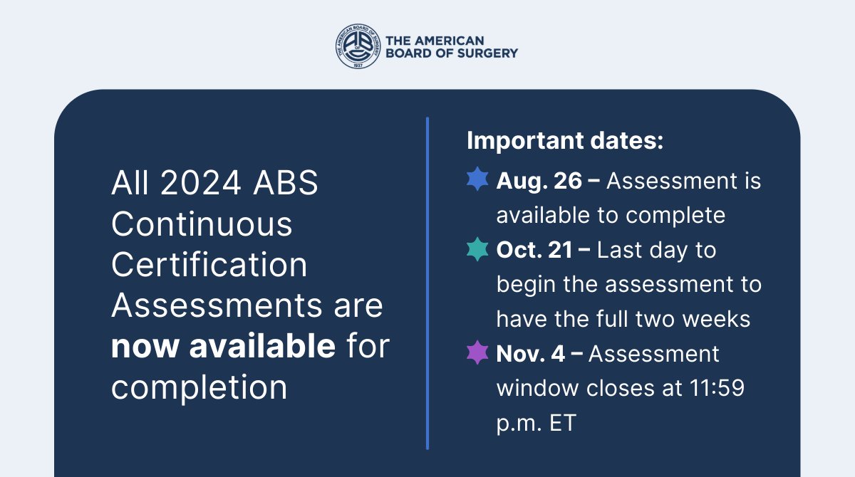 All 2024 ABS #ContinuousCertification Assessments are now available. Registered diplomates may launch their assessment any time before Nov. 4. Diplomates have up to two weeks to complete their assessment once started. See our website for more details: ow.ly/mIhu50T571H