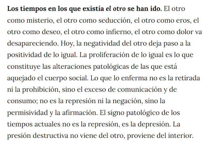 Para el filósofo Byung-Chul Han, ya no hay espacio para lo otro, para lo distinto.

Así lo explica en «La expulsión de lo distinto»👇
