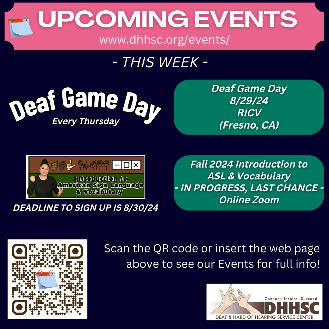 DHHSCtweets's tweet image. *FRIENDLY REMINDER - THIS WEEK!*

Don&apos;t miss these out &amp;amp; much more!

dhhsc.org/events/

See you then!

#DHHSC #DeafGameDay #IntroductionToASLAndVocabulary