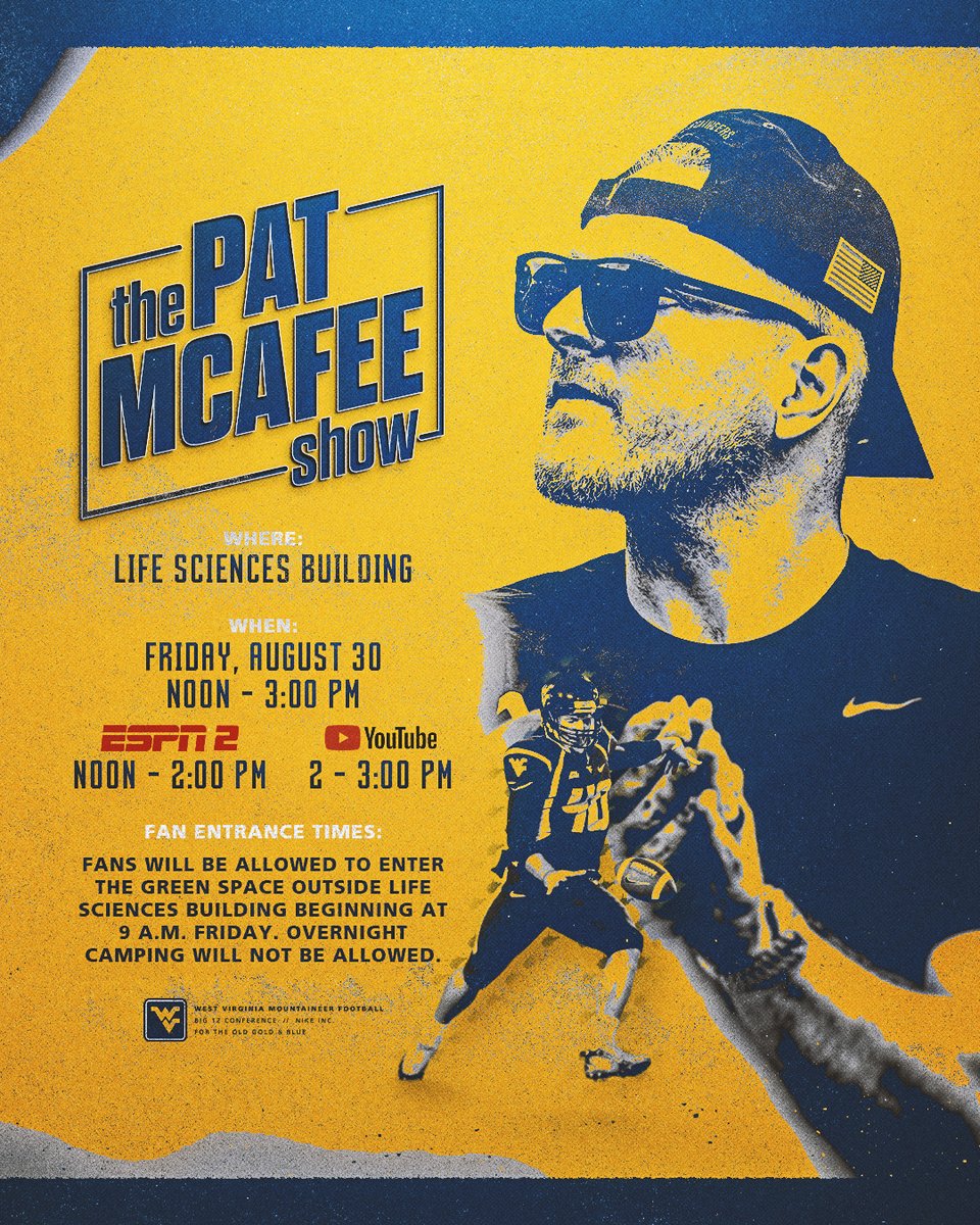 West Virginia Football (@wvufootball) on Twitter photo McAfee in Morgantown 🏡
Get ready for the <a href="/PatMcAfeeShow/">Pat McAfee</a> on Friday outside the Life Sciences Building ⤵️
🔗 tinyurl.com/2c2a445v
#HailWV McAfee in Morgantown 🏡
Get ready for the <a href="/PatMcAfeeShow/">Pat McAfee</a> on Friday outside the Life Sciences Building ⤵️
🔗 tinyurl.com/2c2a445v
#HailWV