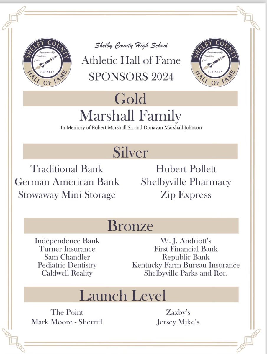 It’s HALL OF FAME WEEK on ROCKET LANE! We are excited about the class of 24’ HOF INDUCTEES! Thank you to our Sponsors for this year’s class!! <a href="/SCPS_Activities/">SCPS_Activities</a> <a href="/sallyzimmerman/">Sally Zimmerman</a> <a href="/shelbycountysch/">Shelby Co Schools Ky</a>