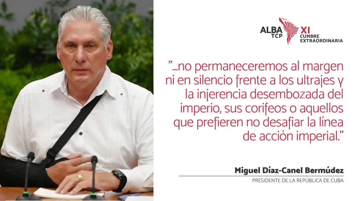CubaMINREX's tweet image. Presidente de #Cuba🇨🇺, @DiazCanelB | &quot;Nos reencontramos en estas aciagas circunstancias, para condenar el golpismo y la descarada injerencia externa contra la Patria de Bolívar, que es la de todos nosotros, y contra la unidad de Nuestra América.&quot;

#AlbaUnida