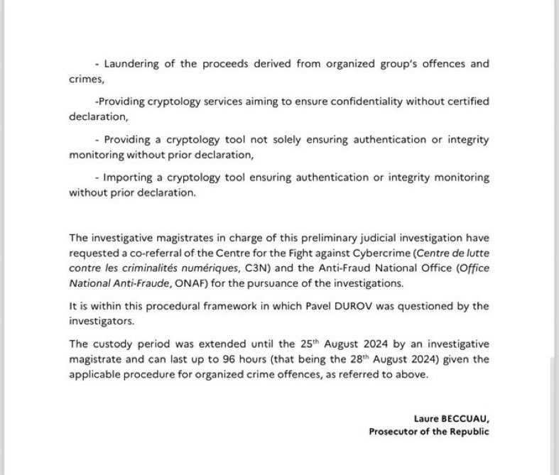 Aleex_'s tweet photo. BREAKING: The official charges released against Telegram founder Pavel Durov after his arrest in France. 

Durov is facing up to 20 years in prison. 

#FREEDUROV