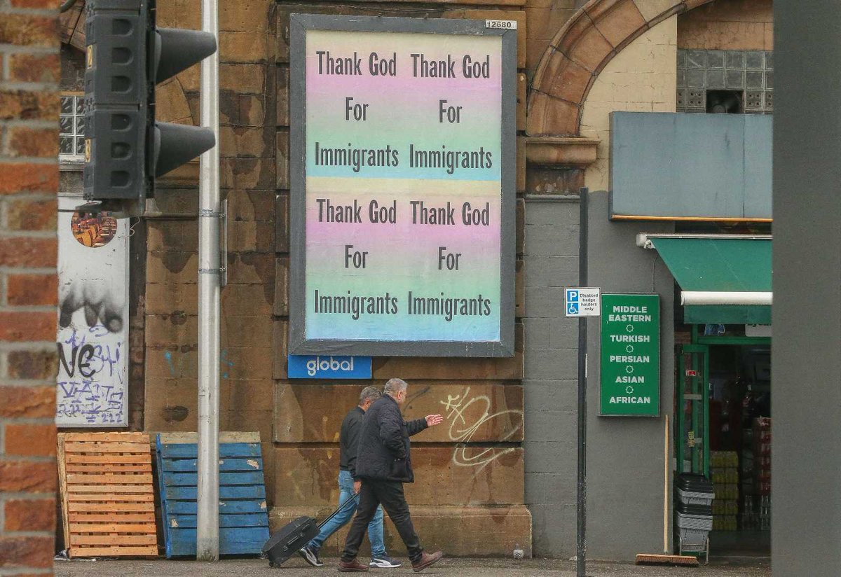 ScotNational's tweet photo. NEW: Huge “Thank God For Immigrants” posters have popped up across Glasgow.

"I think that tells you everything you have to know about this city," said one person who spotted them https://t.co/2LL9mphGH1