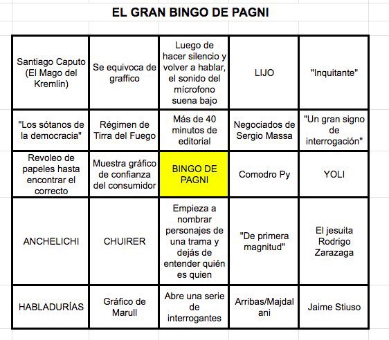 sershus's tweet photo. Acá les dejo el BINGO DE PAGNI para quienes quieran jugar esta noche https://t.co/xEHokfETRY