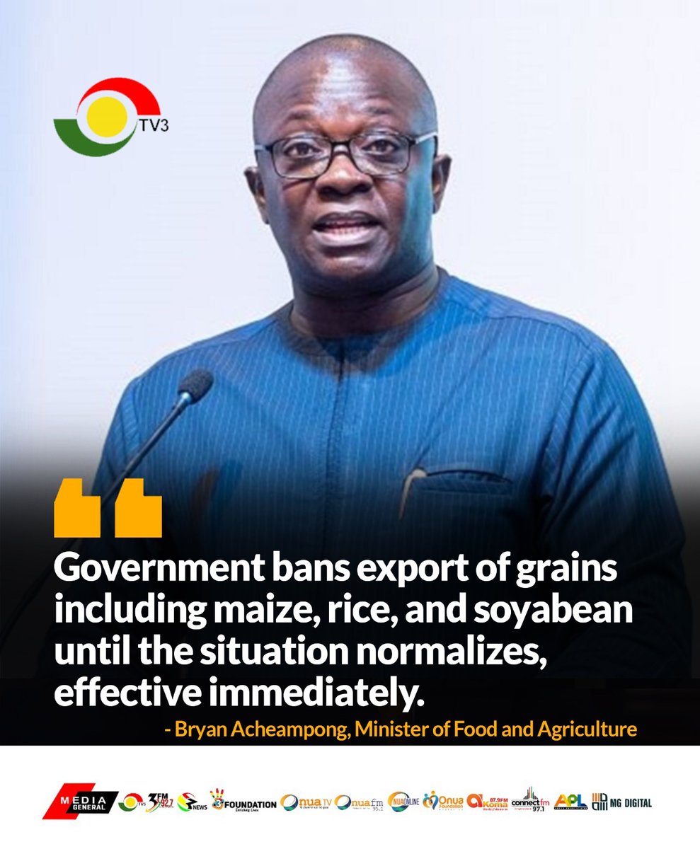 3NewsGH's tweet photo. Agric Minister Bryan Acheampong has announced a ban on export of grains in the country effective immediately

#3NewsGH https://t.co/RjkkPpyG2v