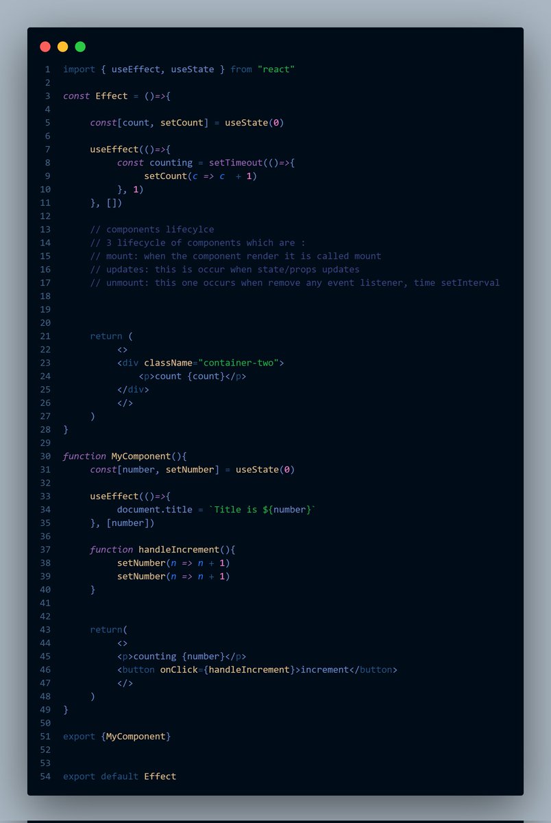 mussa_chitemo's tweet image. Day 13 of #30DaysOfReactjs 
Learned about 
⚡useEffect 
⚡Three components lifecycle: 
🏹mount
🏹 Update 
🏹Unmount