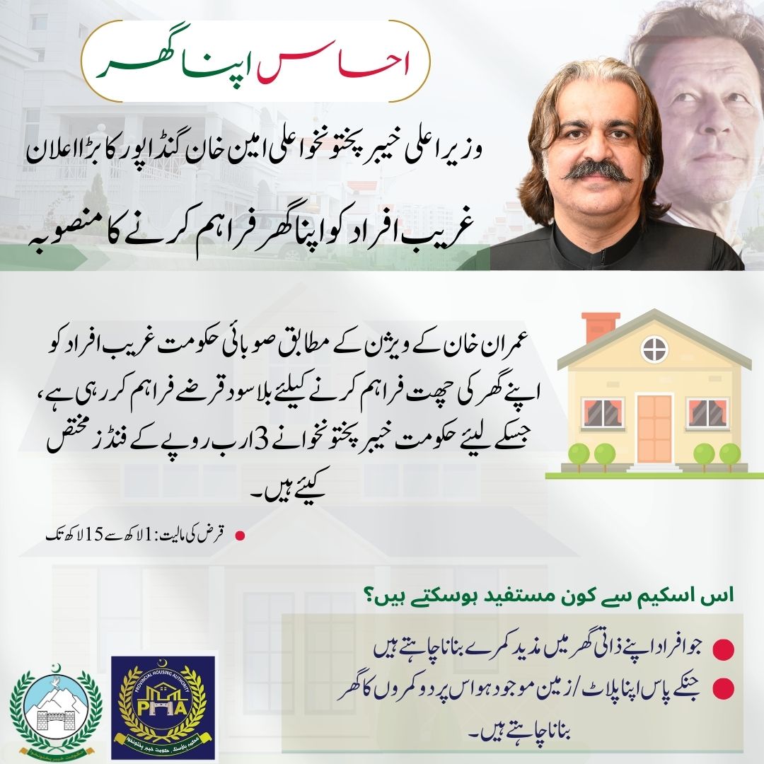 GovernmentKP's tweet photo. وزیر اعلی خیبر پختونخوا علی امین خان گنڈاپور کا صوبے کے بے گھر افراد کیلئے احسن اقدام!

عمران خان کے ویژن کے مطابق وزیر اعلی خیبر پختونخوا کا بے گھر افراد کو احساس اپناگھر کے تحت اپنے گھر کی چھت فراہم کرنے کا اقدام، اس سلسلے میں صوبائی حکومت نے 3 ارب کے فنڈز کی منظوری دے دی ہے۔ https://t.co/JBxj47Ise4