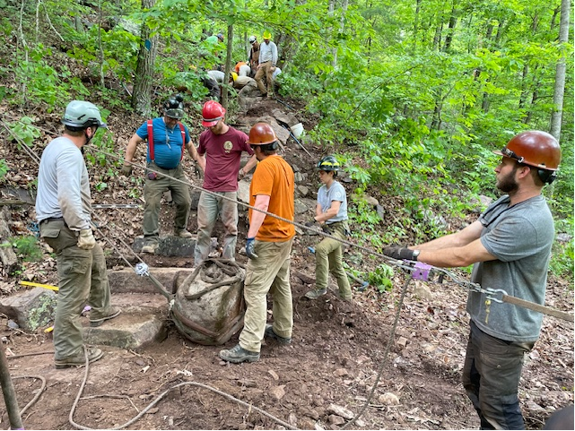 VirginiaDCR's tweet photo. Ever see stone stairs in public lands and think, "Wow this must have been a lot of work to install." Well, it is! Here's BTS of an inaugural Trail Training 102-Stone Craft Workshop we held with several partners at Goshen Pass #NaturalArea Preserve this spring. 👀🪨👷 #trailwork https://t.co/fBDorQLDJQ