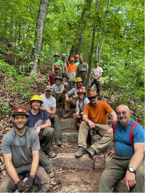 VirginiaDCR's tweet photo. Ever see stone stairs in public lands and think, "Wow this must have been a lot of work to install." Well, it is! Here's BTS of an inaugural Trail Training 102-Stone Craft Workshop we held with several partners at Goshen Pass #NaturalArea Preserve this spring. 👀🪨👷 #trailwork https://t.co/fBDorQLDJQ
