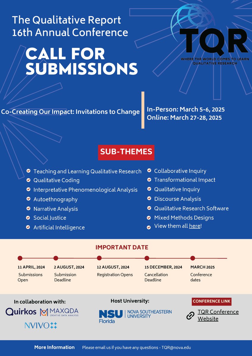 TheQualReport's tweet image. The Qualitative Report 16th Annual Conference
TQR 16th Annual Conference – Accepting Submissions on a Case by Case Basis

nova.edu/academic-affai…

#tqr #research #qualitative #qualitativeresearch #thequalreport