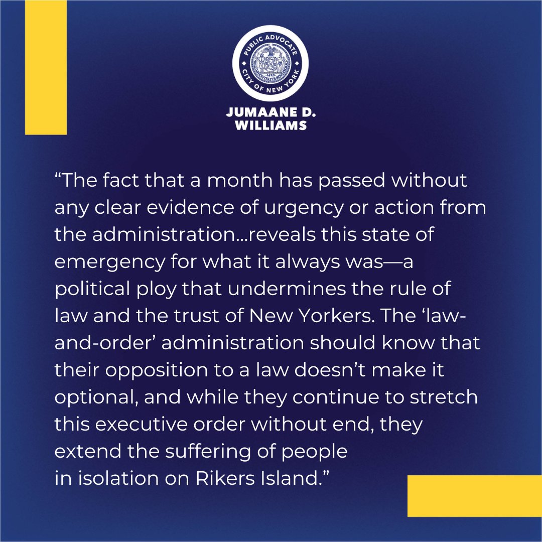nycpa's tweet photo. A month after the mayor signed an executive order to block the implementation of the #HALTSolitary law, Public Advocate Williams questions whether the administration has taken any steps to address that purported emergency and implement the law as required: https://t.co/qfRc7DaV3v https://t.co/YnRFFd6gs3