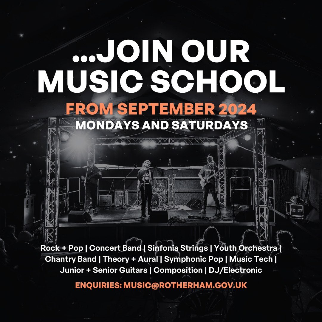 Music:SouthYorkshire (@musicsouthyorks) on Twitter photo Sign up for the <a href="/RotherhamMusic/">Rotherham Music Hub</a> Music School, starting this September!
Mondays will be dedicated to guitar and strings and Saturday mornings will cover all genres from beat-making, to orchestra, to band practice.
Get in touch and sign up here 👉 music@rotherham.gov.uk Sign up for the <a href="/RotherhamMusic/">Rotherham Music Hub</a> Music School, starting this September!
Mondays will be dedicated to guitar and strings and Saturday mornings will cover all genres from beat-making, to orchestra, to band practice.
Get in touch and sign up here 👉 music@rotherham.gov.uk