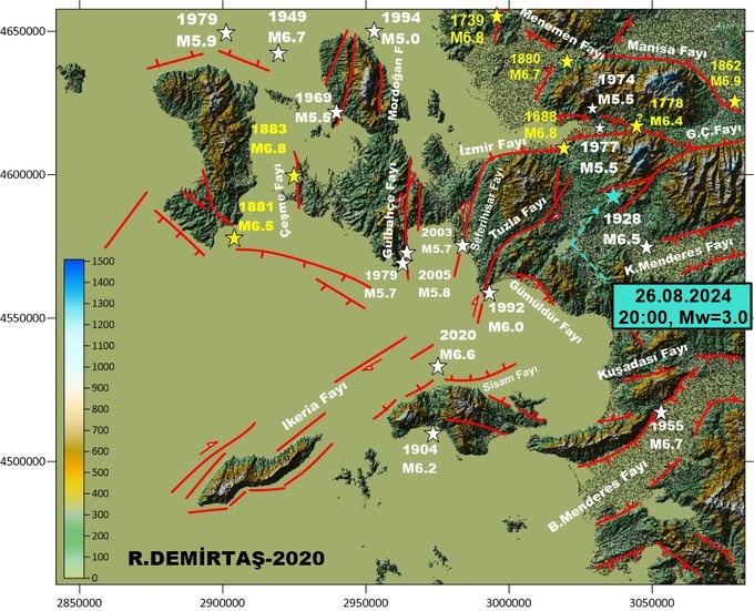Paleosismolog's tweet photo. 26.08.2024
20:00 Mw=3.0
20:05 Mw=2.1
AFAD ile KOERI #deprem yerleri arasında 1.0km fark var.
* AFAD: Menderes-İzmir
* KOERI: Yeşilköy-Torbalı-#izmir
* Deprem Yeşilköy'ün kuzey ve güneyinden geçen Dağkızılca fayı arasında, Türkiye Diri Fay Haritasında olmayan kısa bir fayda oldu. https://t.co/U3FUf93J5i