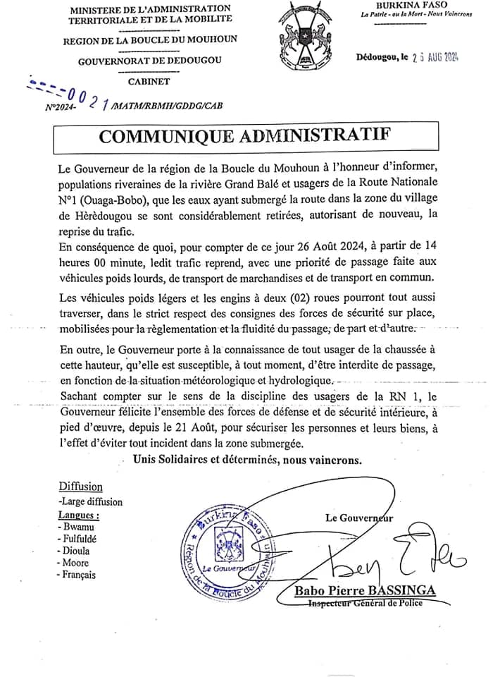 #Burkina_Faso : la route Ouaga/Bobo rouverte à la circulation. Respectons les mesures de sécurité!