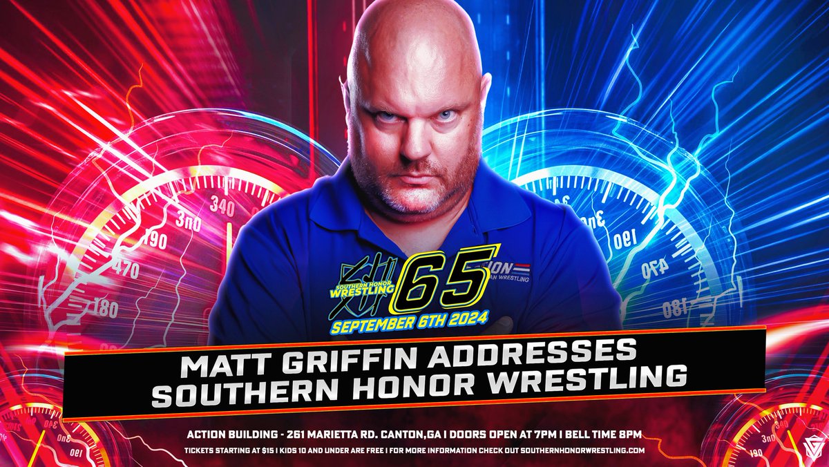 SHonorWrestling's tweet photo. After months of running his mouth and claiming that ACTION Wrestling is better than Southern Honor Wrestling, who knows what Matt Griffin will have to say at #SHW65! He’ll address the fans LIVE in The Action Building NEXT Friday, September 6th! DO NOT miss this show! https://t.co/qWW5w0LY0R