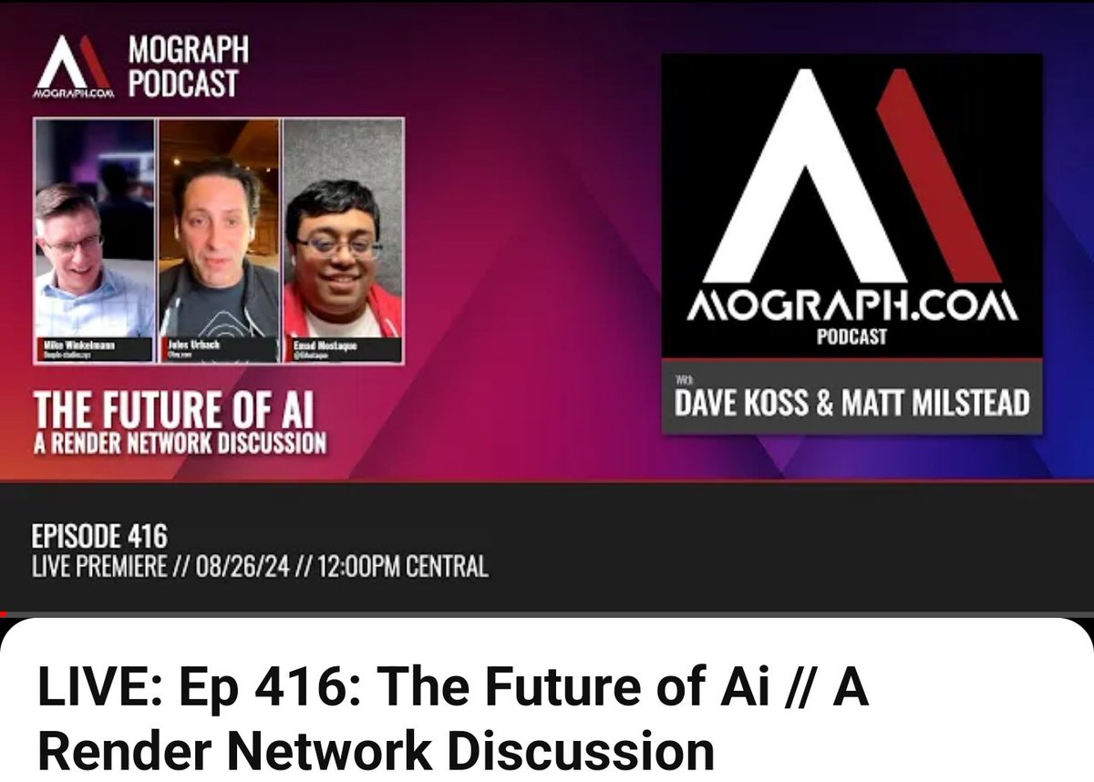 🚨BREAKING: The <a href="/mographdotcom/">Mograph.com</a> episode is now live with Founder of $RENDER Network <a href="/JulesUrbach/">Jules Urbach</a> &amp; Founder of <a href="/SchellingAI/">Schelling AI</a> <a href="/EMostaque/">Emad</a>

An insightful conversation on the future of #AI, creativity, blockchain, and next gen digital media.
 
Watch now, link below 👇