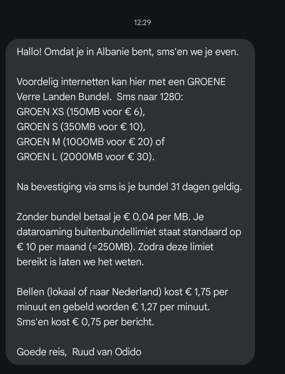 TheDutchWesley's tweet photo. @odidonederland om 12:28 een gesprek beginnen op een grieks netwerk, om vervolgens om 12:29 een sms te ontvangen dat je met een Albanees netwerk verbonden bent. 1 minuut en 3 seconden gebeld, het is €1,75 per minuut en mag €3,61 aftikken. Volgens mij gaat er iets niet goed? https://t.co/vbXQP2O7Bo