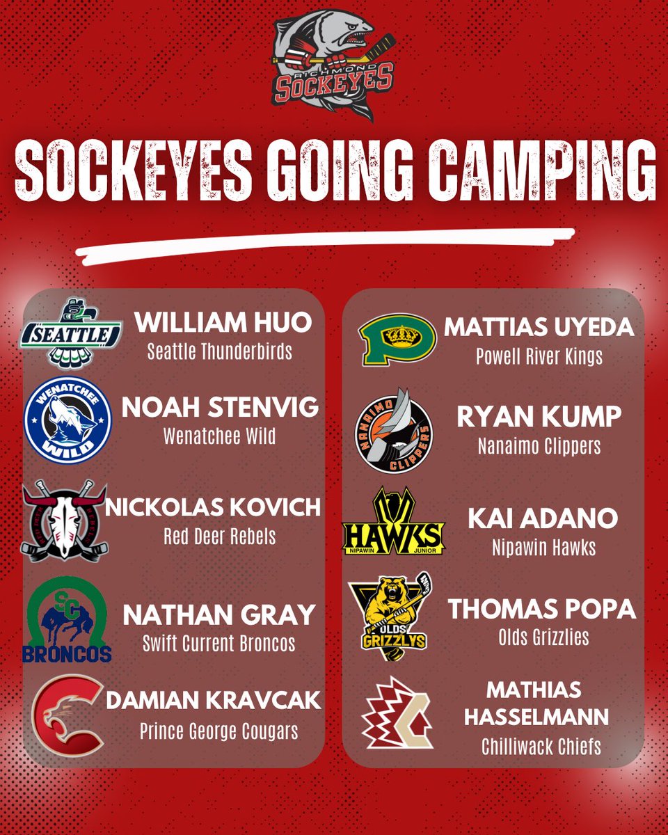 RSockeyes's tweet photo. SOCKEYES GOING CAMPING! 🏕️ 🏒

Congratulations to our 🔟 Sockeyes who have been invited to attend camp with various teams in the WHL, BCHL, SJHL and AJHL! 

Good luck boys! 

#richmondsockeyes https://t.co/yjg3JoHZty