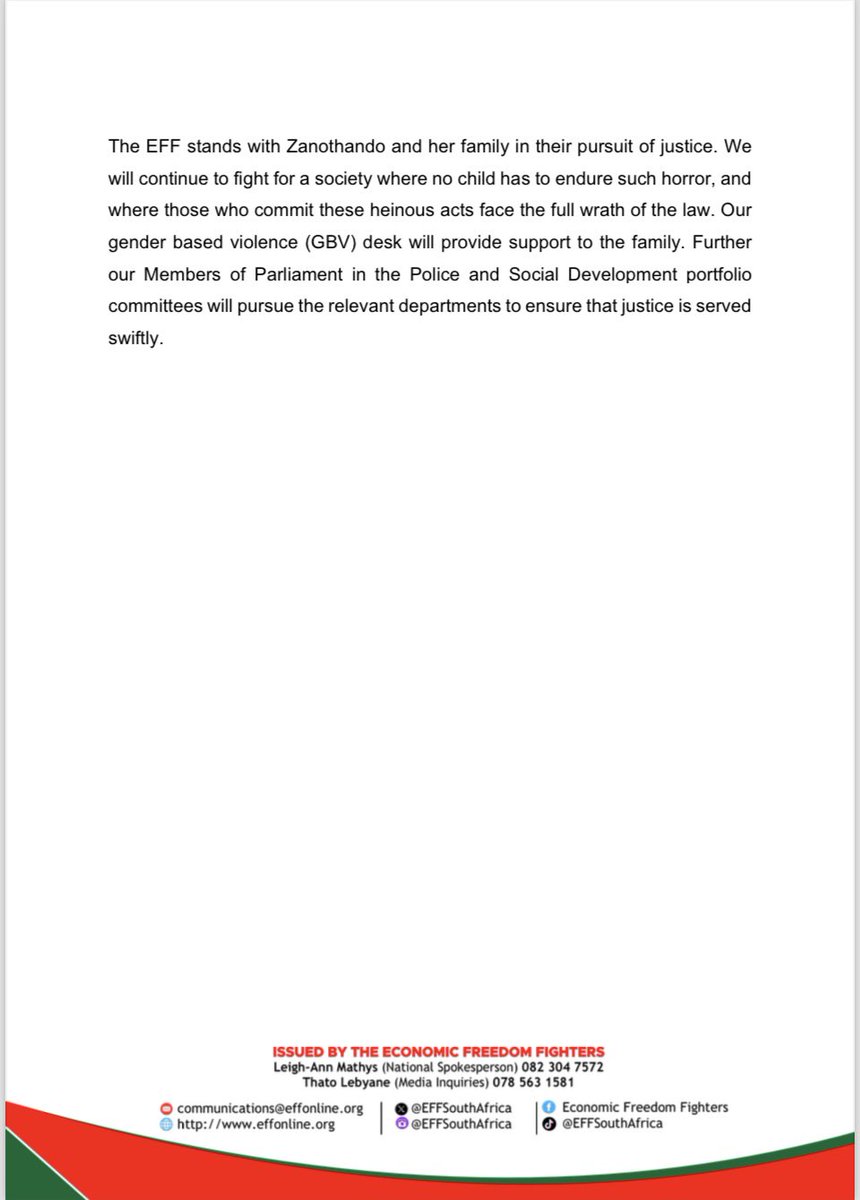EFFSouthAfrica's tweet photo. The EFF’s Statement Condemning the Horrific Assault of a Two-Year-Old Girl and Calls for Urgent Action 

-We demand immediate action. The rapist must be arrested and held accountable. The crèche should be thoroughly investigated, and any other incidents of abuse must be brought to light. We will not stand by while our children are violated and their pain is met with indifference by those who are meant to protect them.