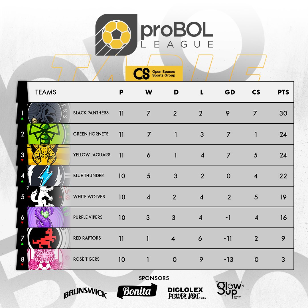 proBOL League Standings Update! 🏆

The Black Panthers continue their dominant run, sitting comfortably at the top of the table with 30 points after 11 matches. 

Who’s your team, and how do you think they’ll finish the season? Let us know in the comments! 

#proBOLLeague
#OSSG