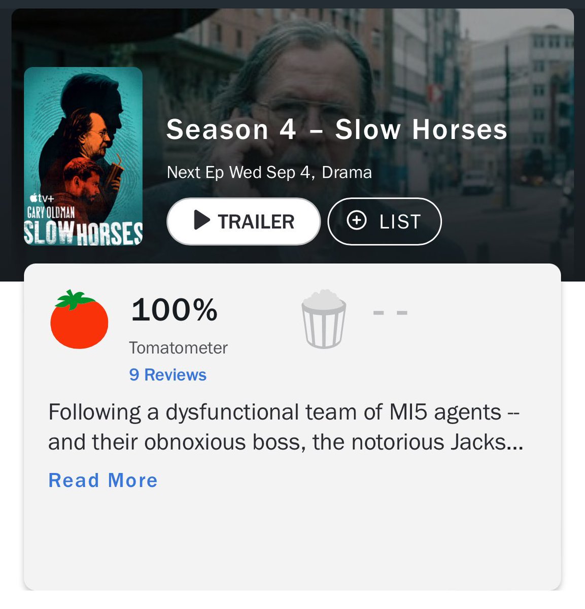 FilmUpdates's tweet photo. ‘SLOW HORSES’ season 4 debuts with 100% on Rotten Tomatoes.

Premieres September 4 on Apple TV+. https://t.co/AUBHlr7CJj