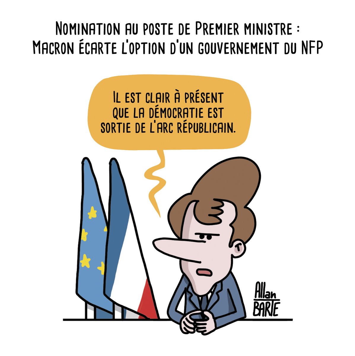 Macron, le grand démocrate, écarte l'option d'un gouvernement du NFP :
Face, tu perds. Pile, il gagne.
#LucieCastets 

Pour soutenir la lutte dessinée :
▶️ ko-fi.com/allanbarte
