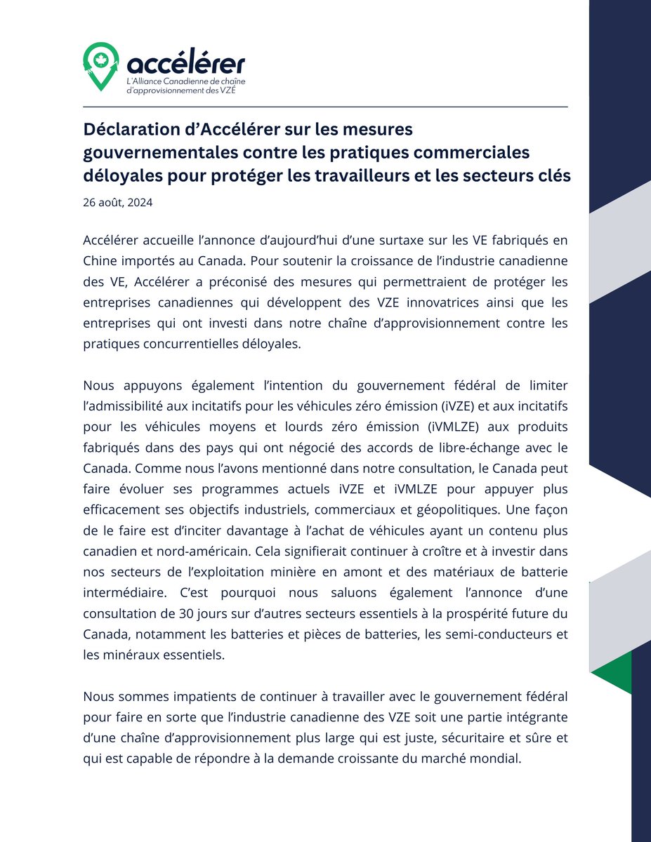 Accelerate - Accélérer (@acceleratezev) on Twitter photo 🇨🇦 <a href="/AccelerateZev/">Accelerate - Accélérer</a> statement on today’s announcement from the federal government regarding tariffs on Chinese EVs.
🇨🇦La déclaration d’Accélérer au sujet des surtaxes sur les véhicules électriques fabriqués en Chine annoncé aujourd’hui par le gouvernement fédéral 🇨🇦 <a href="/AccelerateZev/">Accelerate - Accélérer</a> statement on today’s announcement from the federal government regarding tariffs on Chinese EVs.
🇨🇦La déclaration d’Accélérer au sujet des surtaxes sur les véhicules électriques fabriqués en Chine annoncé aujourd’hui par le gouvernement fédéral