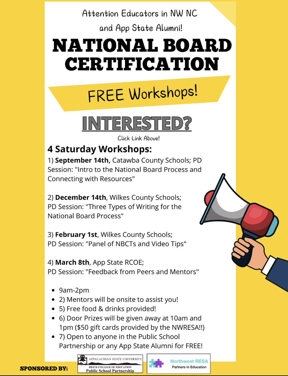 Betsy Rosenbalm (@brosenbalm) on Twitter photo Attn App State Alumni & NW NC educators! Are you pursuing the National Board process for the first time, for a re-take, or for a renewal cycle? If so, check out these FREE opportunities, provided by the
<a href="/AppstateRCOE/">AppState RCOE</a> & <a href="/NorthwestResa/">Northwest RESA</a>! FORM LINK: forms.gle/p9TkzvVPYzXY1x… Attn App State Alumni & NW NC educators! Are you pursuing the National Board process for the first time, for a re-take, or for a renewal cycle? If so, check out these FREE opportunities, provided by the
<a href="/AppstateRCOE/">AppState RCOE</a> & <a href="/NorthwestResa/">Northwest RESA</a>! FORM LINK: forms.gle/p9TkzvVPYzXY1x…