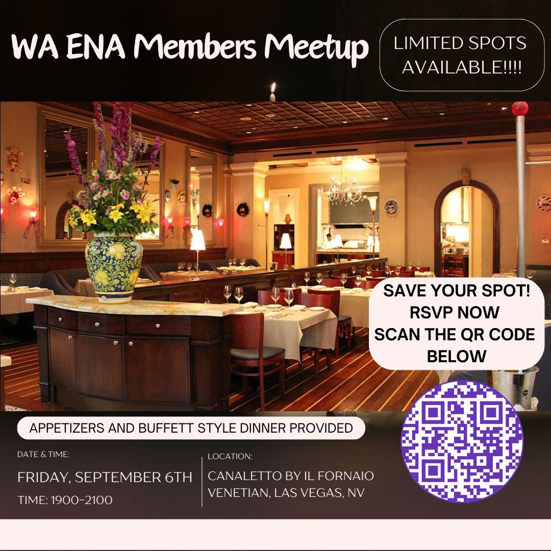 WAStateENA's tweet photo. Attending EN24 in Vegas this year? Join your WA ENA Members at a members dinner hosted by the WA ENA Council on Friday, Sep 6 from 7pm-9pm at Canaletto by IL FORNAIO, in the Venetian. Limited space, RSVP to secure your spot!  https://t.co/Ke0n5BbbOL https://t.co/YGlPTz9XA2