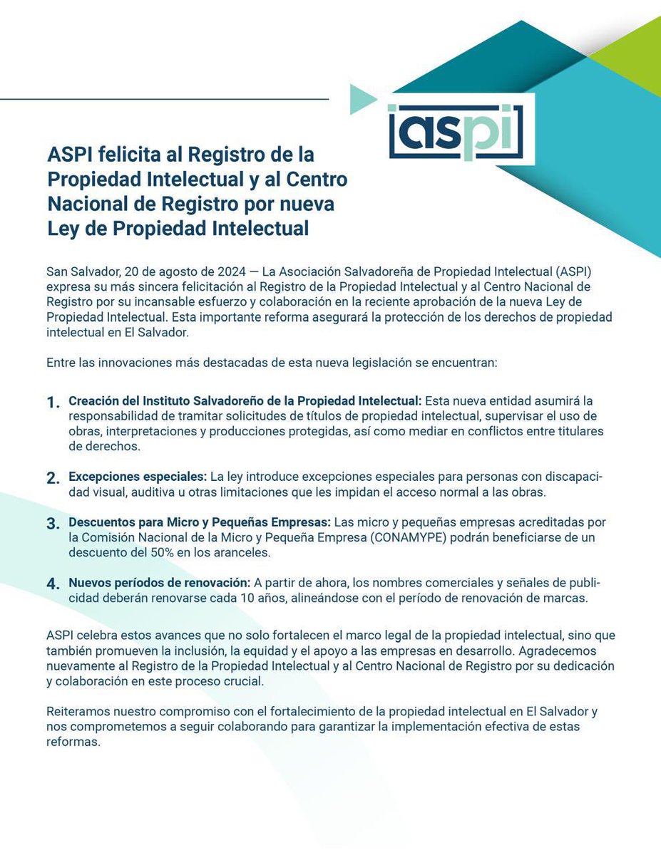 aspi_sv's tweet image. ASPI celebra los avances que fortalecen el marco legal de la propiedad intelectual y promueven la inclusión, la equidad y el apoyo a las empresas en desarrollo.

@CNRSV