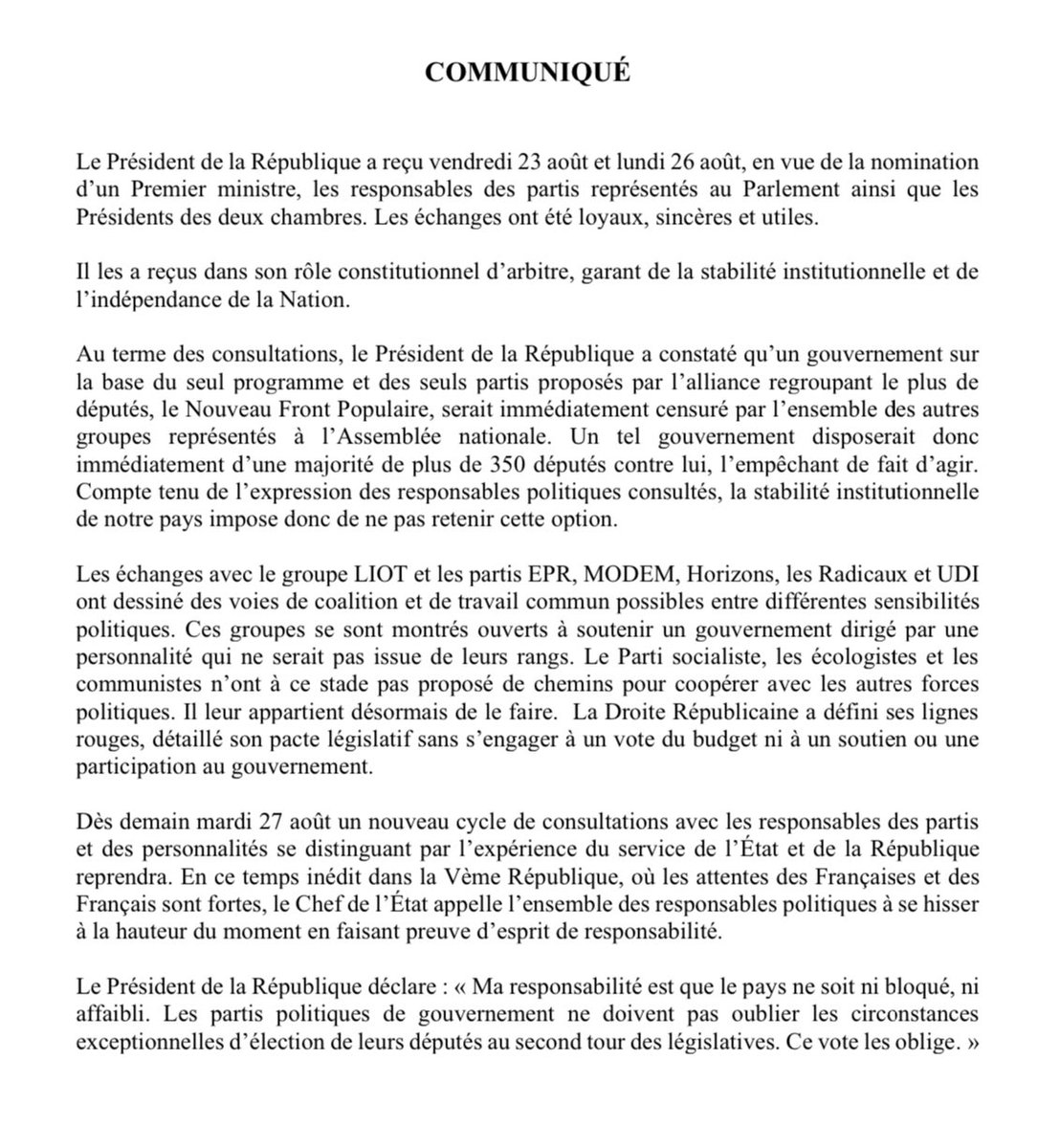 Élysée (@elysee) on Twitter photo En vue de la nomination d’un Premier ministre, le Président <a href="/EmmanuelMacron/">Emmanuel Macron</a> a reçu les responsables des partis représentés au Parlement ainsi que les Présidents des deux chambres. Le communiqué : En vue de la nomination d’un Premier ministre, le Président <a href="/EmmanuelMacron/">Emmanuel Macron</a> a reçu les responsables des partis représentés au Parlement ainsi que les Présidents des deux chambres. Le communiqué :